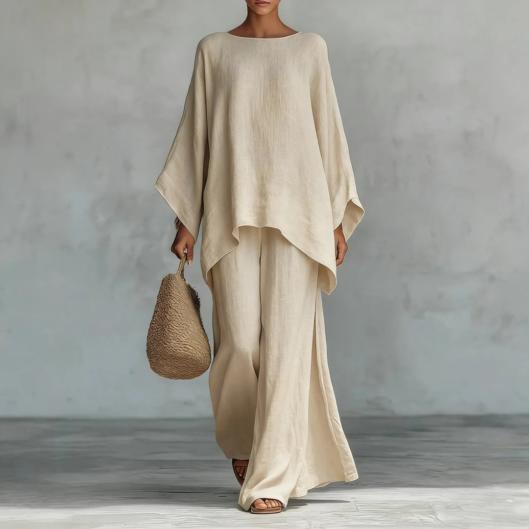 Hannah | Women's Matching Cotton Linen Wide-Leg Pants Two-Piece Set — Khaki