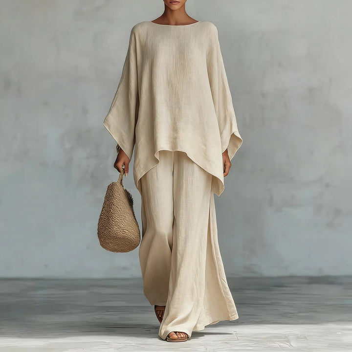 Hannah | Women's Matching Cotton Linen Wide-Leg Pants Two-Piece Set — Khaki
