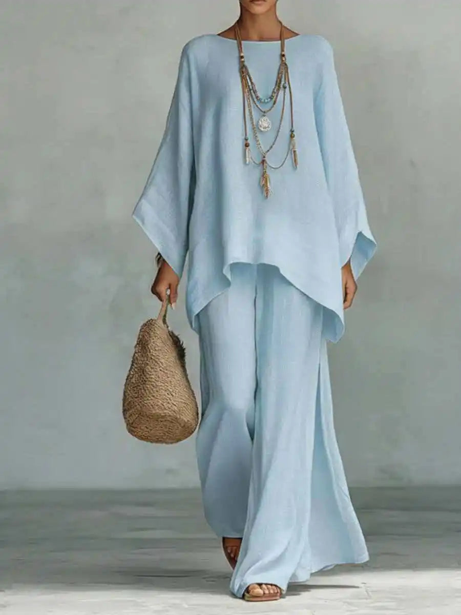 Hannah | Women's Matching Cotton Linen Wide-Leg Pants Two-Piece Set — Light Blue