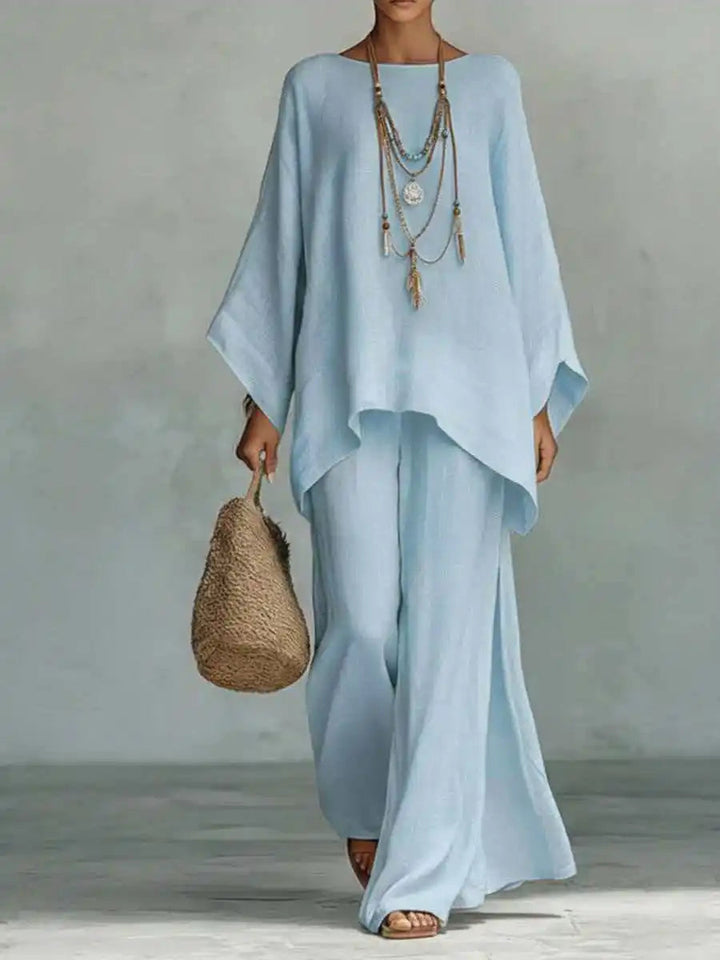 Hannah | Women's Matching Cotton Linen Wide-Leg Pants Two-Piece Set — Light Blue