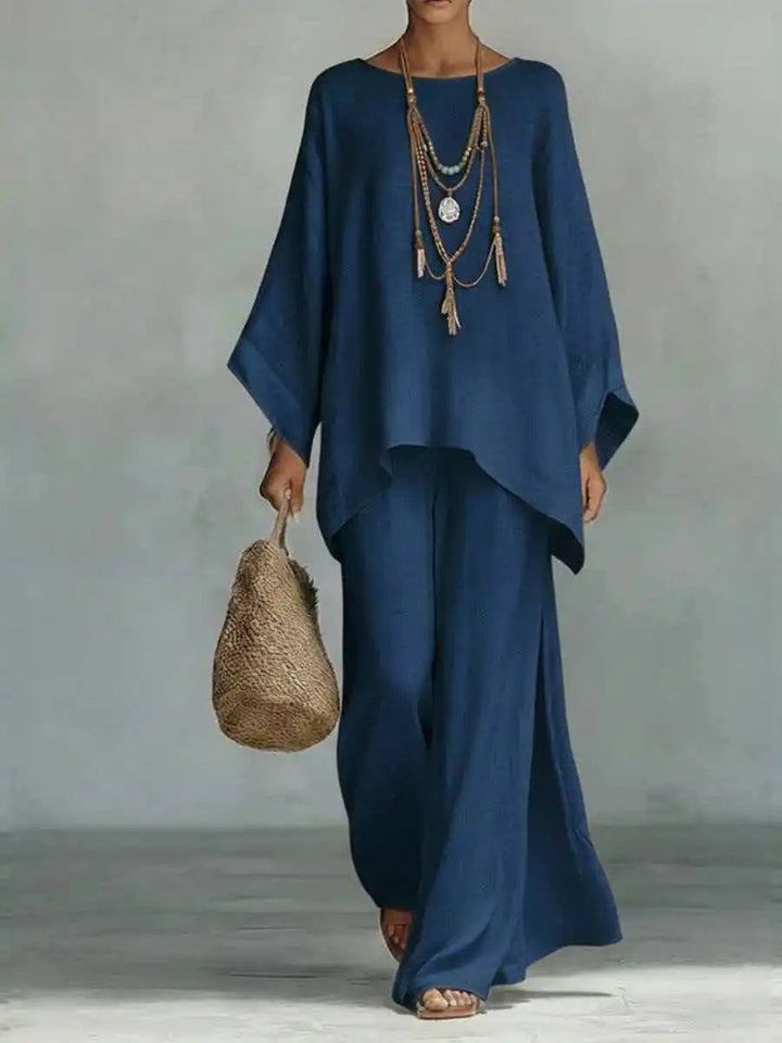 Hannah | Women's Matching Cotton Linen Wide-Leg Pants Two-Piece Set — Navy
