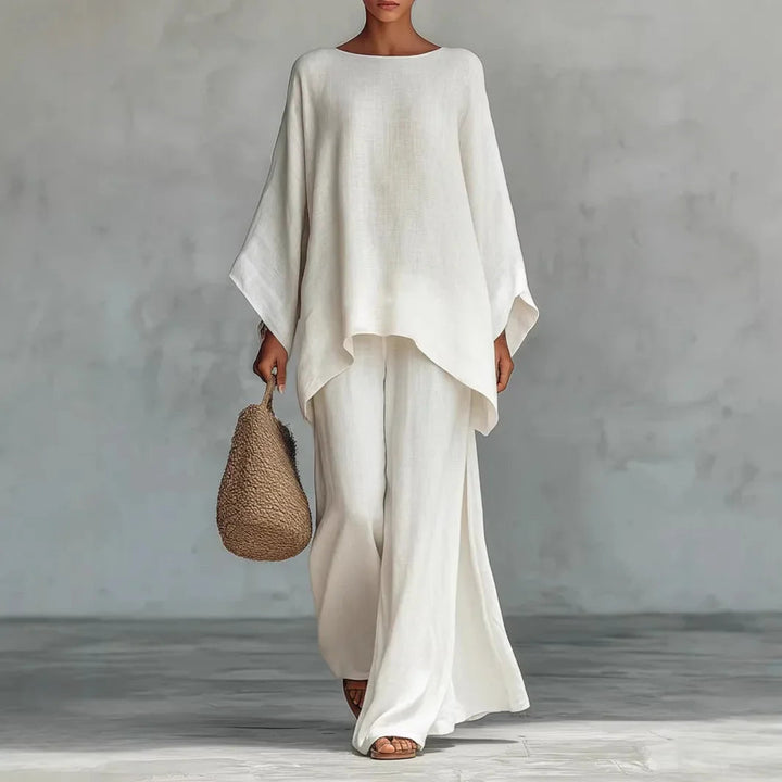 Hannah | Women's Matching Cotton Linen Wide-Leg Pants Two-Piece Set — White