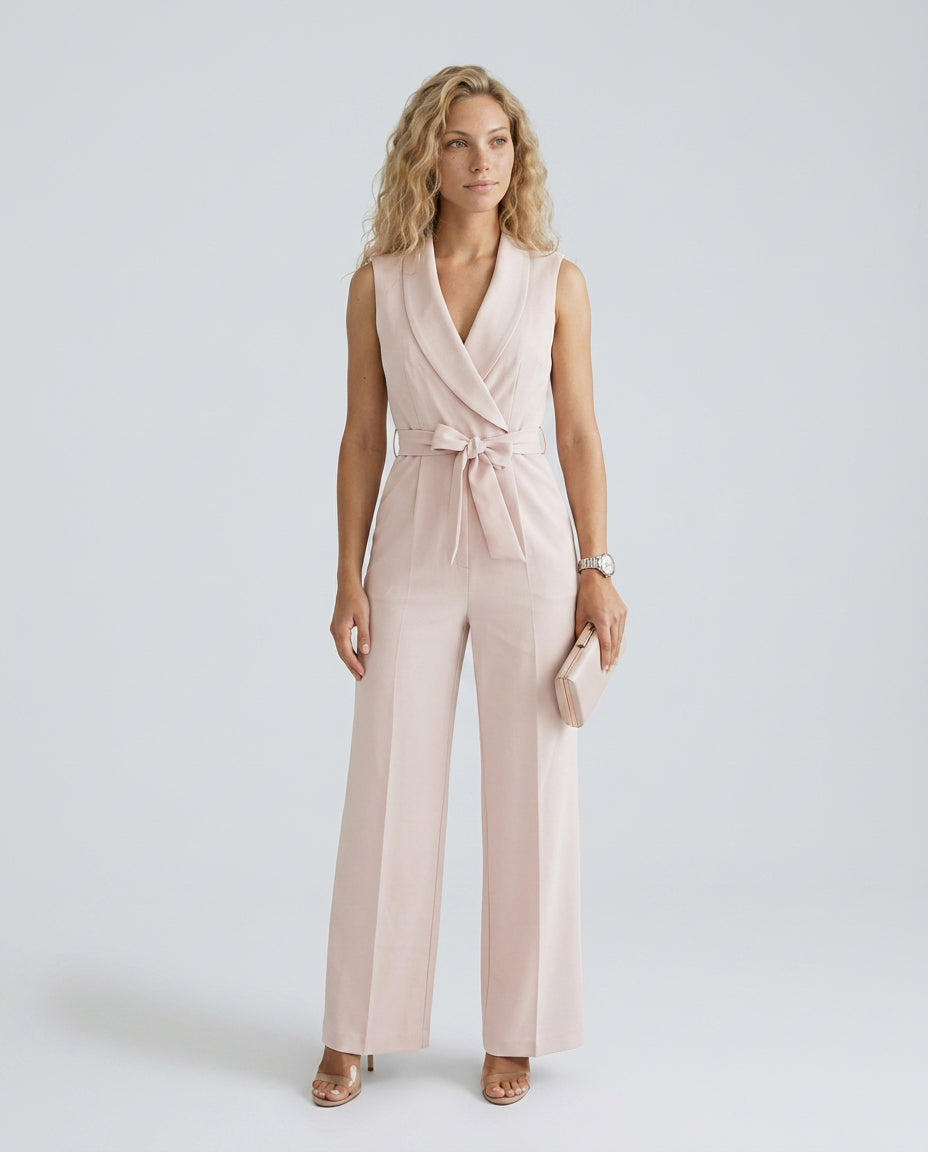 Helena | Women's Elegant Wide-Leg Jumpsuit with V-Neck and Belt Tie — Beige