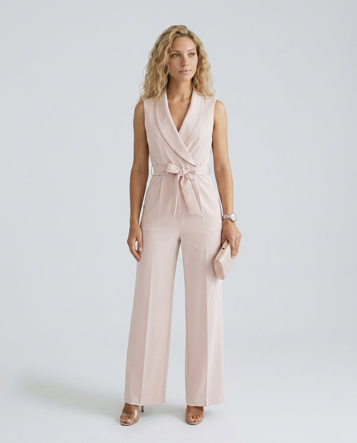 Helena | Women's Elegant Wide-Leg Jumpsuit with V-Neck and Belt Tie — Beige