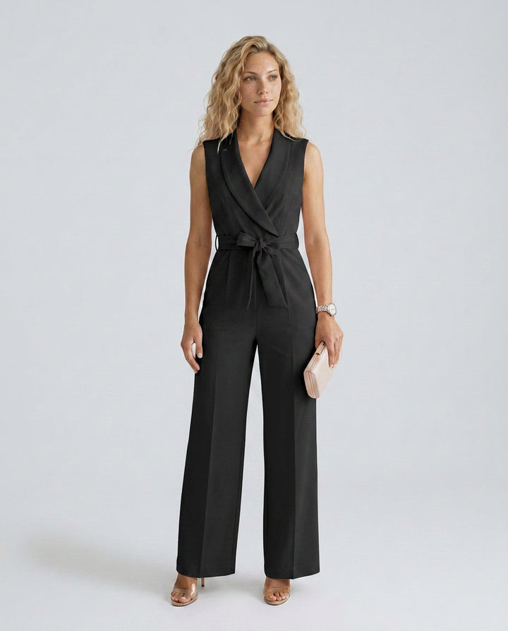 Helena | Women's Elegant Wide-Leg Jumpsuit with V-Neck and Belt Tie — Black