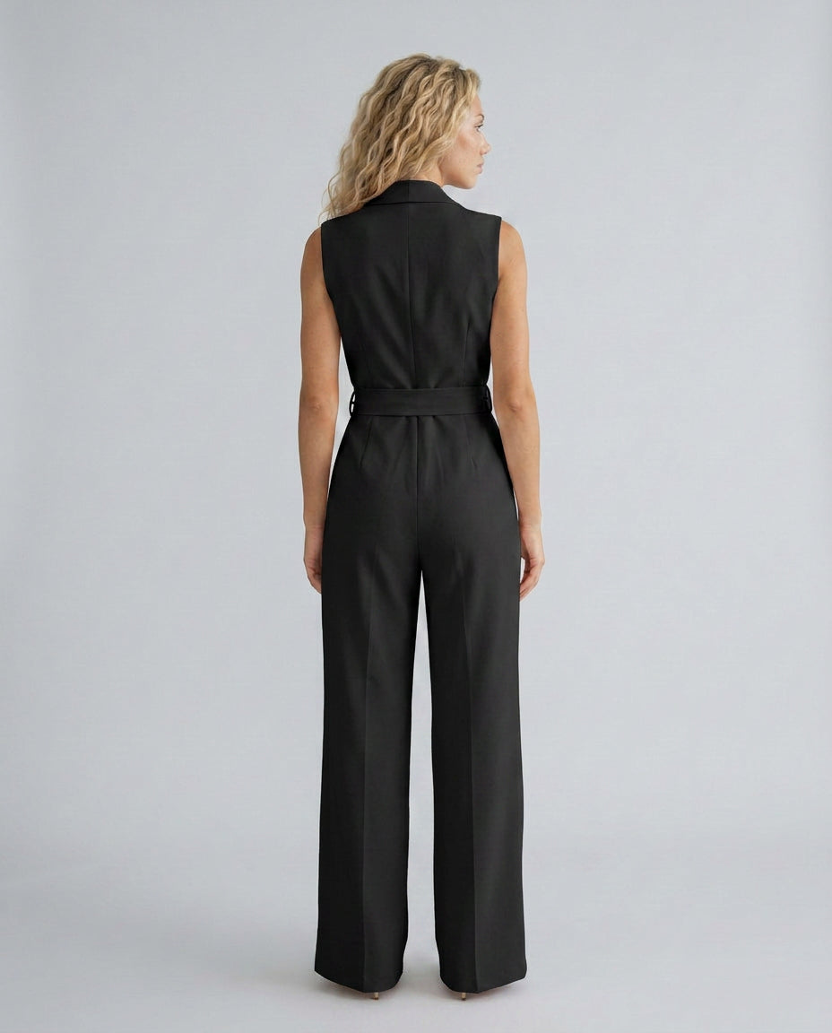 Helena | Women's Elegant Wide-Leg Jumpsuit with V-Neck and Belt Tie — 2