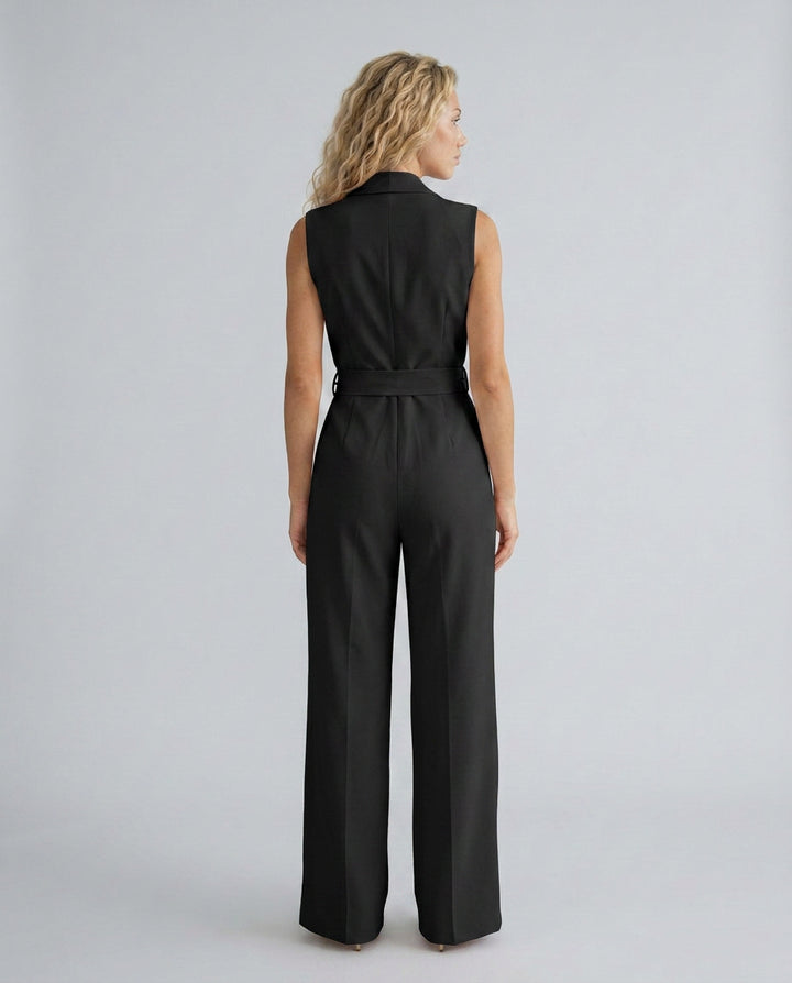 Helena | Women's Elegant Wide-Leg Jumpsuit with V-Neck and Belt Tie — 2