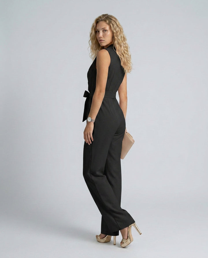 Helena | Women's Elegant Wide-Leg Jumpsuit with V-Neck and Belt Tie — 3