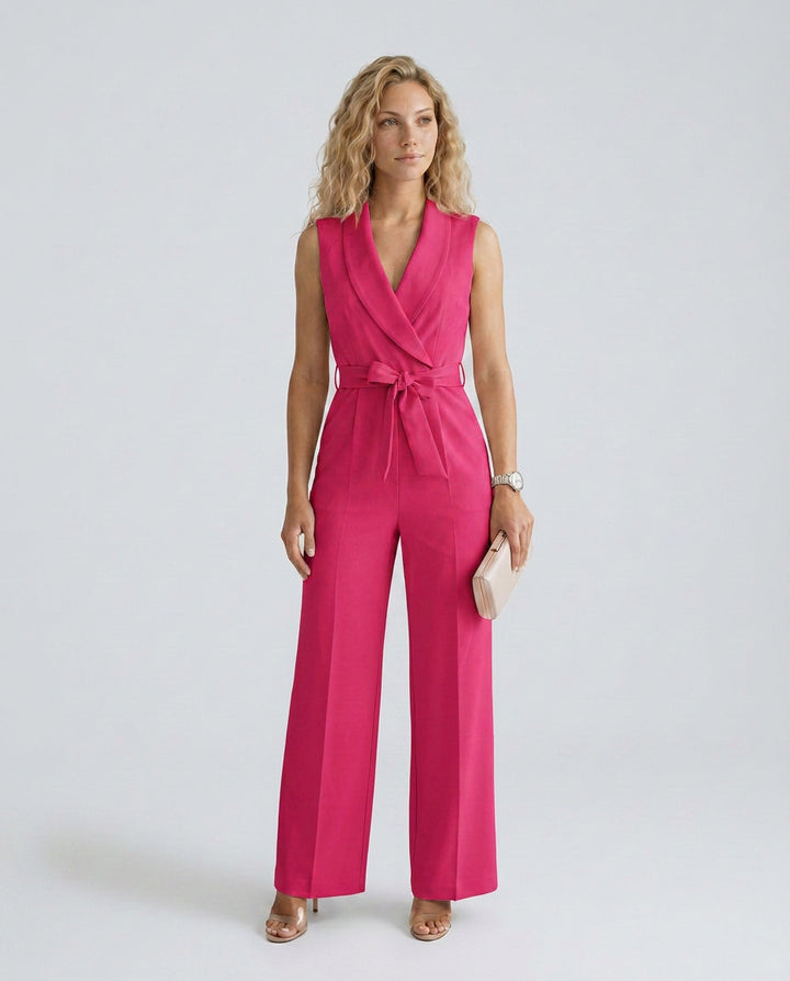 Helena | Women's Elegant Wide-Leg Jumpsuit with V-Neck and Belt Tie — Pink