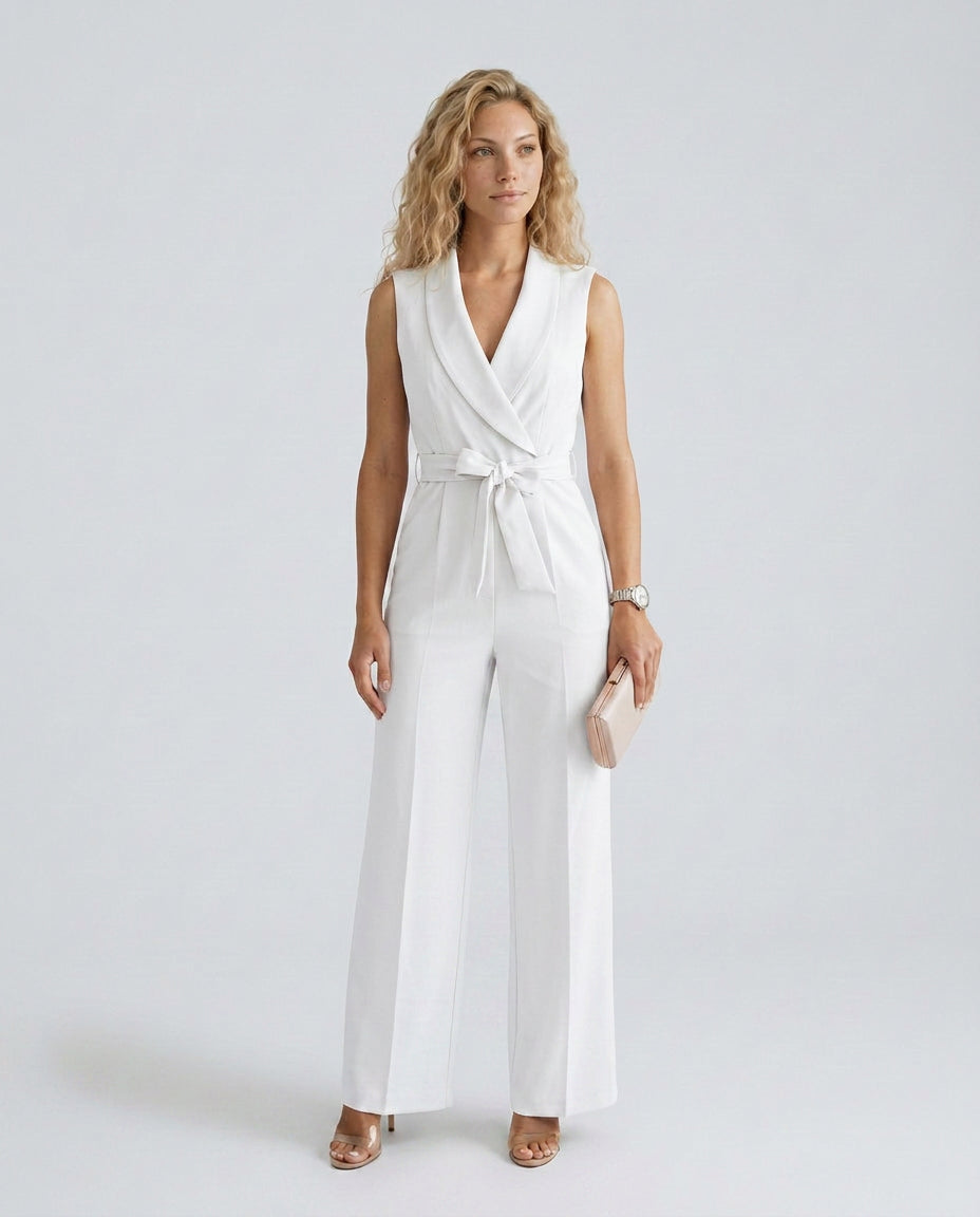 Helena | Women's Elegant Wide-Leg Jumpsuit with V-Neck and Belt Tie — White