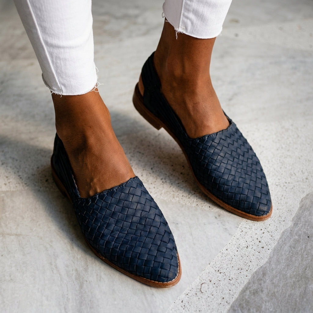 Hespercine | Women's Cushioned Slip-On Woven Loafers Leather-Look Slingback — Black