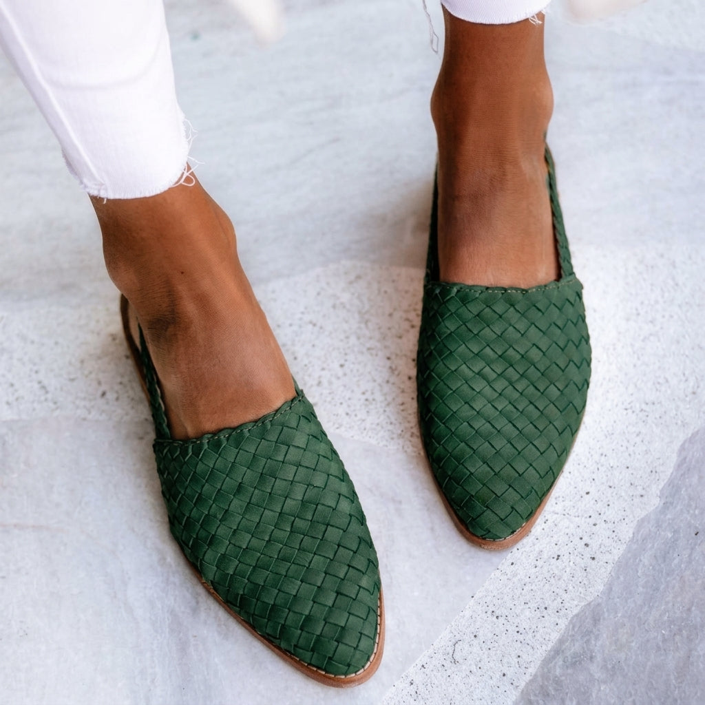 Hespercine | Women's Cushioned Slip-On Woven Loafers Leather-Look Slingback — Green