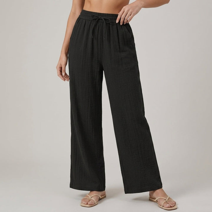 Hesperienne | Women's Tailored Crinkled Drawstring Wide Leg Linen Pants — Black