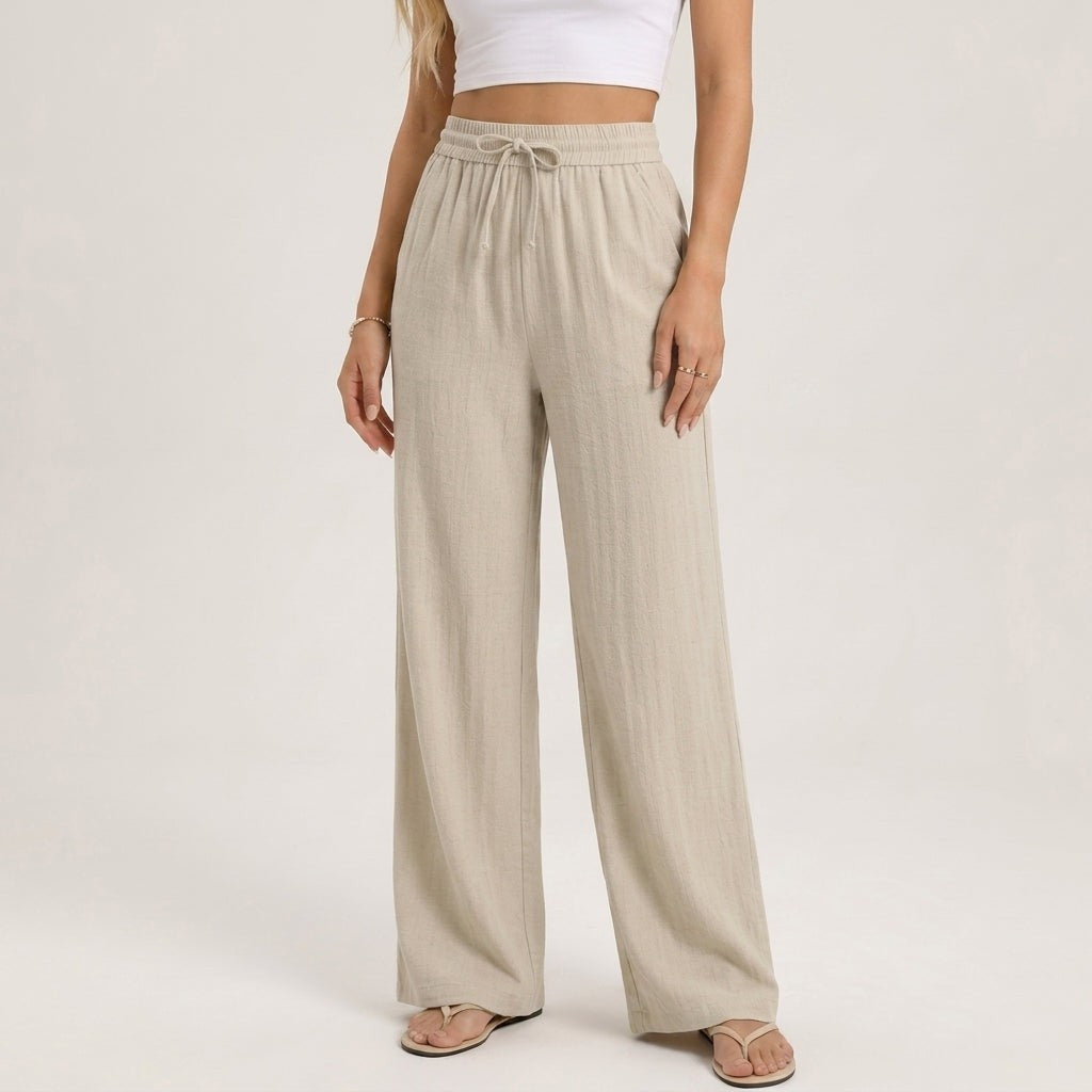 Hesperienne | Women's Tailored Crinkled Drawstring Wide Leg Linen Pants — Cream