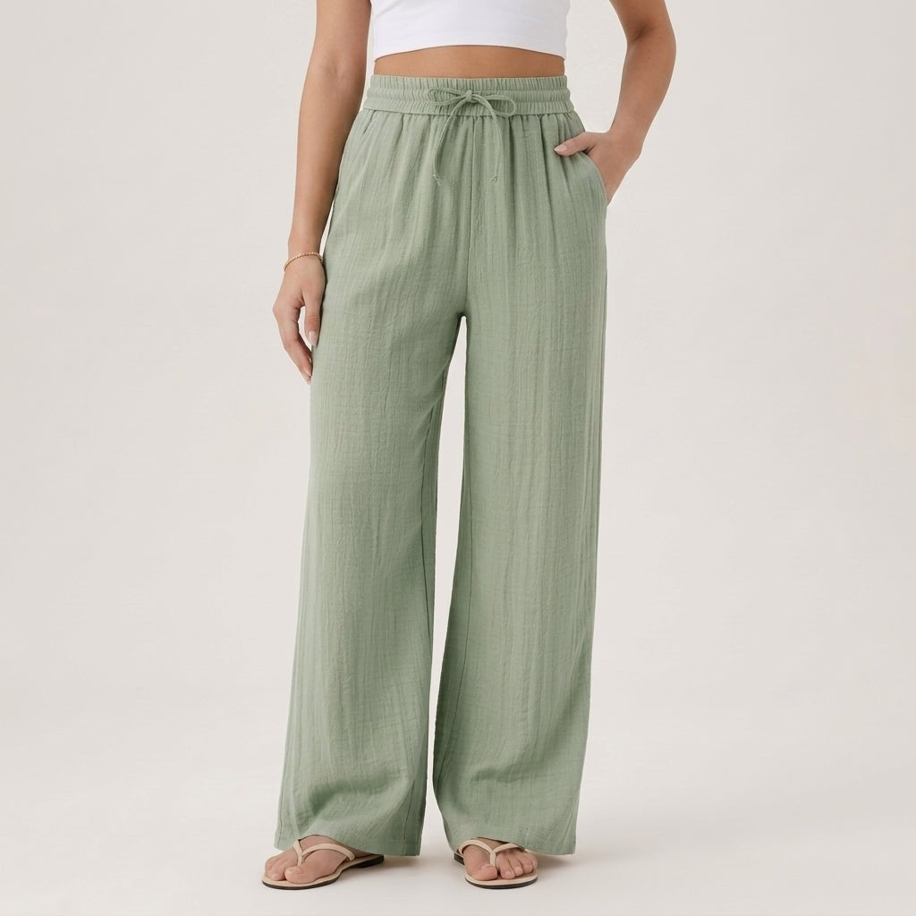 Hesperienne | Women's Tailored Crinkled Drawstring Wide Leg Linen Pants — Green