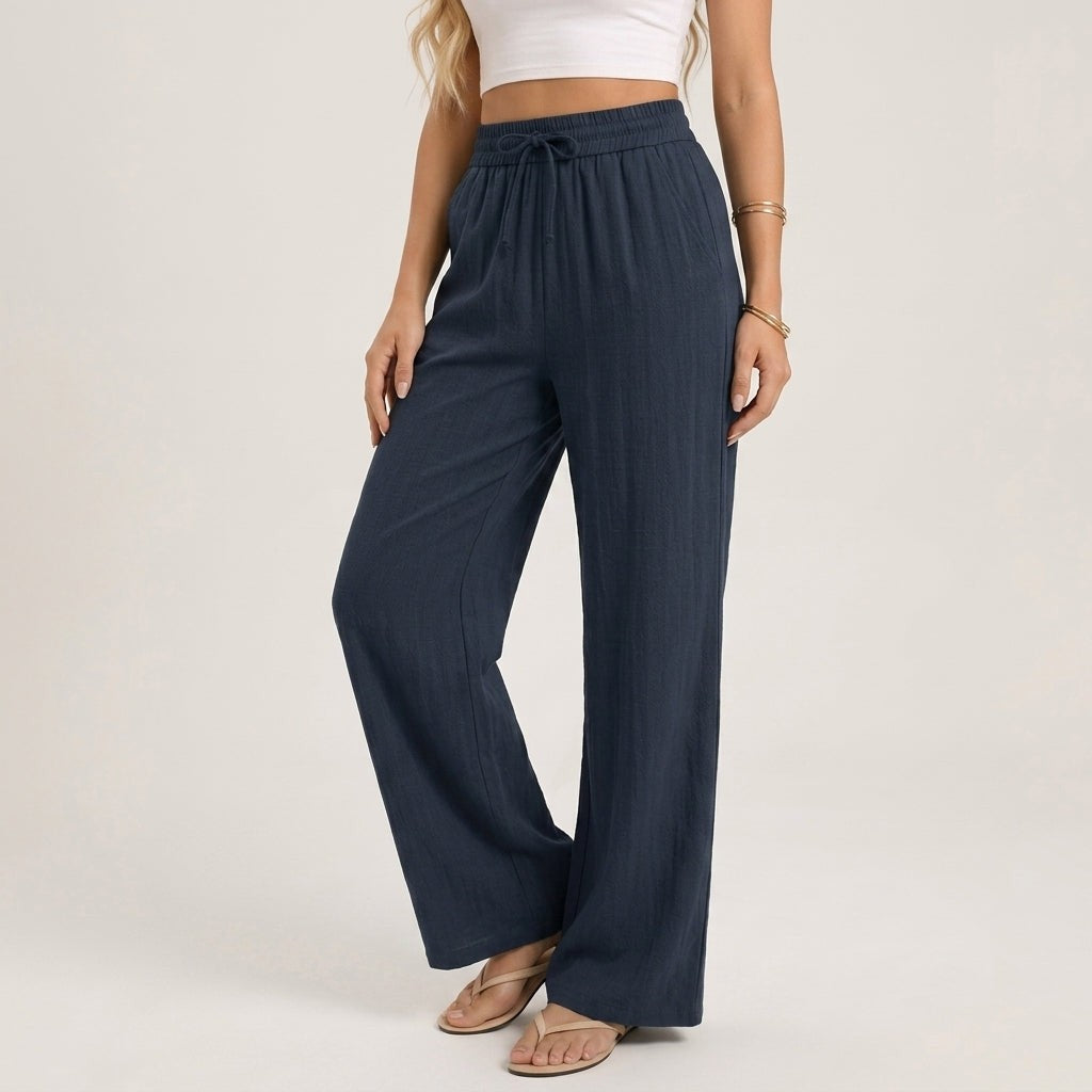 Hesperienne | Women's Tailored Crinkled Drawstring Wide Leg Linen Pants — Navy