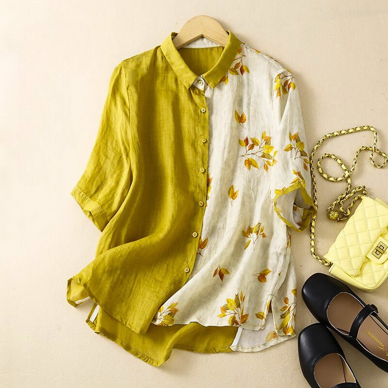 Hesperoura | Two-Tone Floral Cotton Linen Blouse