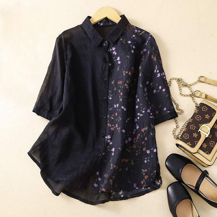 Hesperoura | Two-Tone Floral Cotton Linen Blouse
