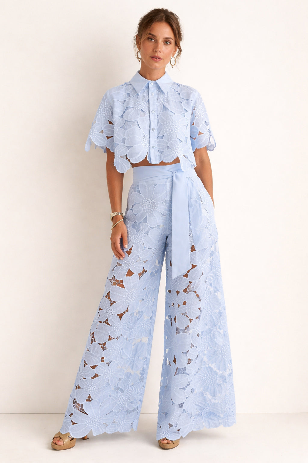 Hesperynn | Women's Tailored Blouse & Wide-Leg Pants Set with Elegant Pattern — Blue