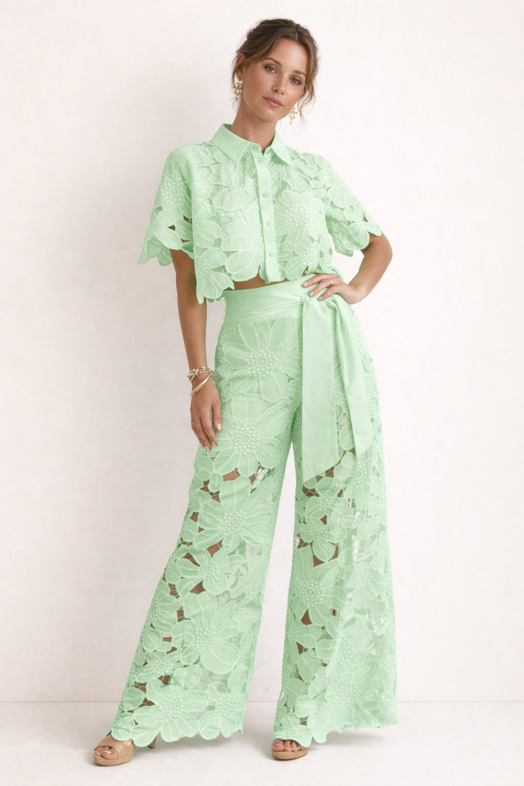 Hesperynn | Women's Tailored Blouse & Wide-Leg Pants Set with Elegant Pattern — Green