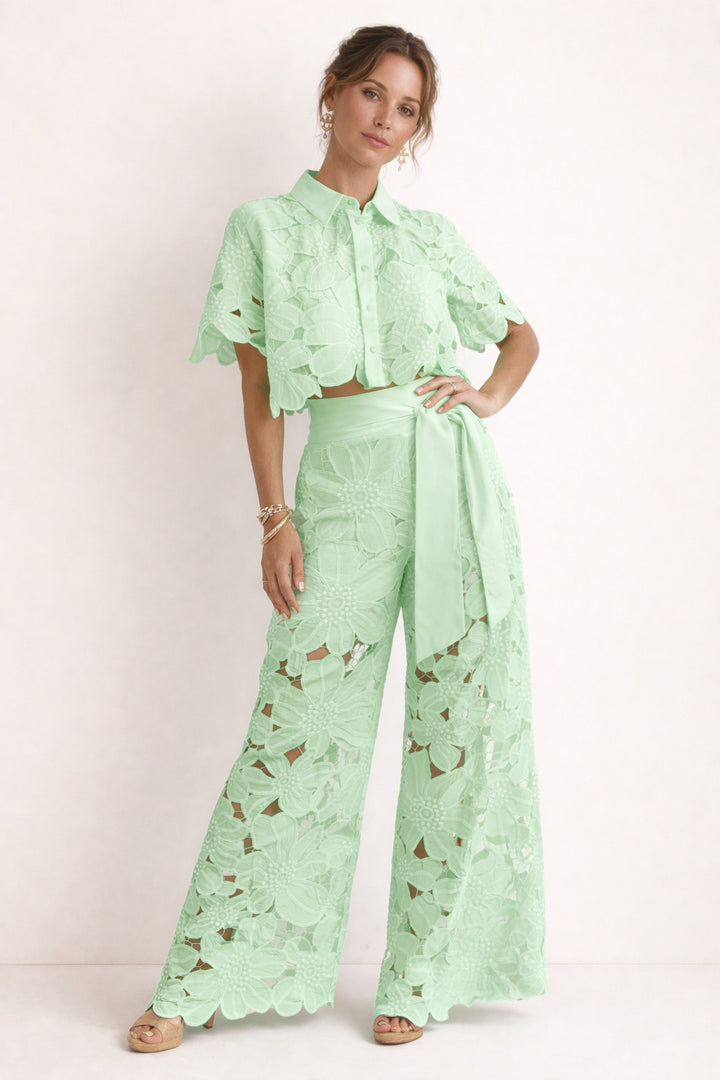 Hesperynn | Women's Tailored Blouse & Wide-Leg Pants Set with Elegant Pattern — Green