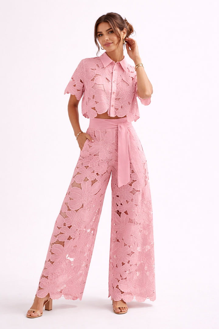 Hesperynn | Women's Tailored Blouse & Wide-Leg Pants Set with Elegant Pattern — Pink
