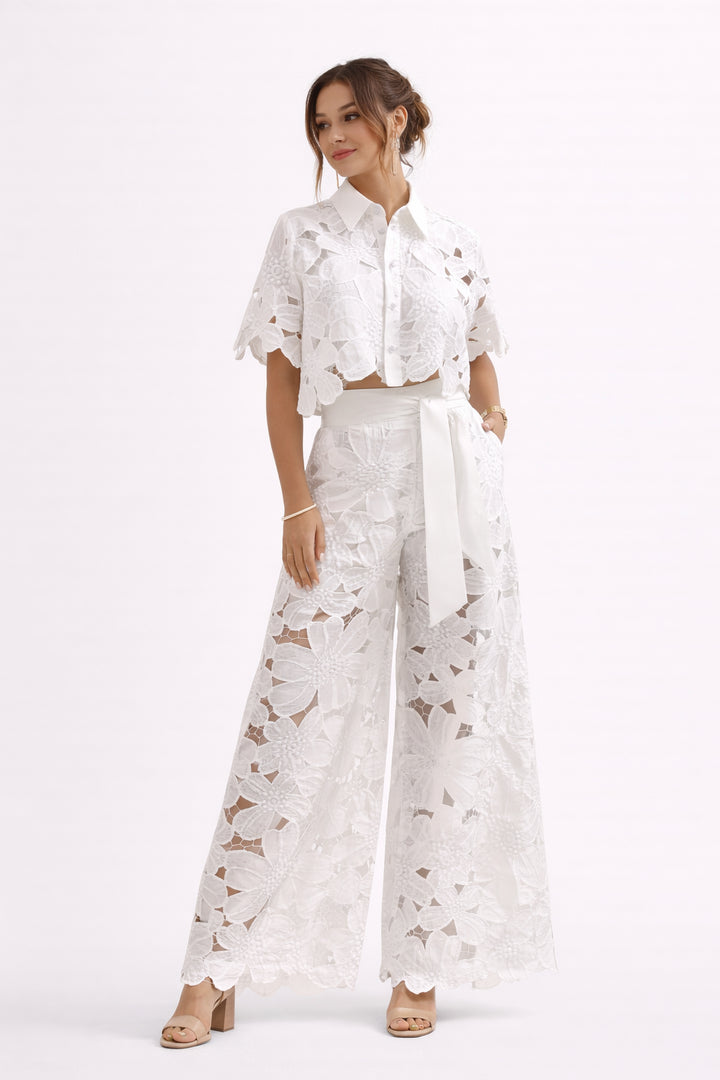 Hesperynn | Women's Tailored Blouse & Wide-Leg Pants Set with Elegant Pattern — White