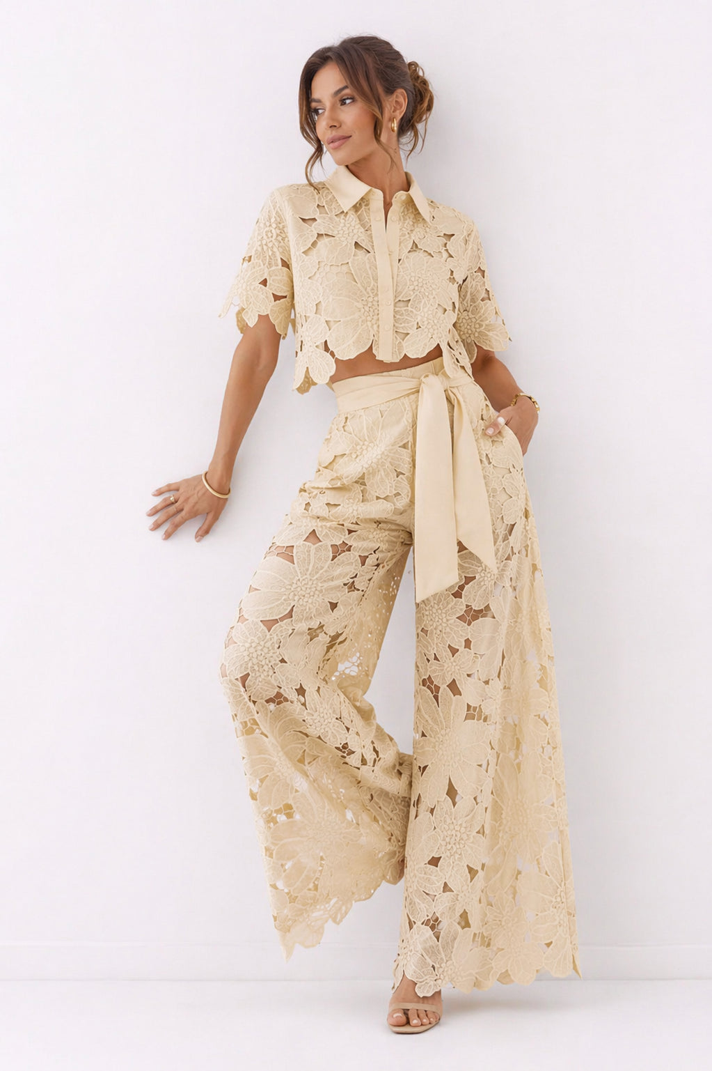 Hesperynn | Women's Tailored Blouse & Wide-Leg Pants Set with Elegant Pattern — Yellow
