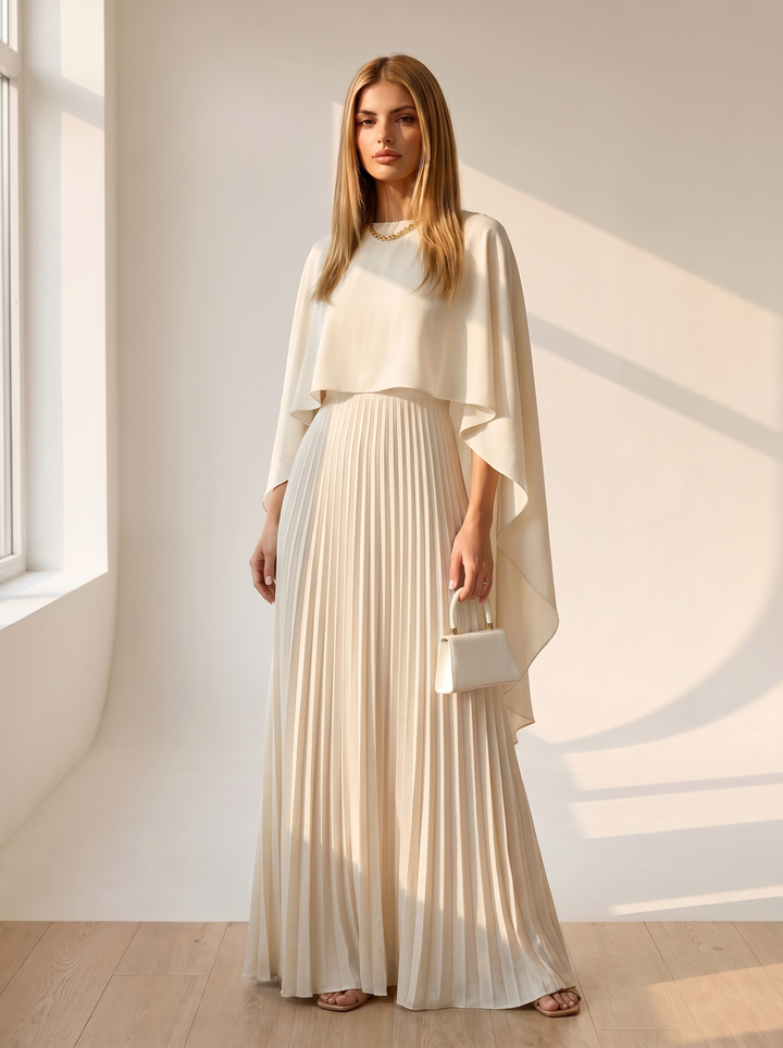 Eleanor | Pleated Cape Maxi Wedding Guest Dress