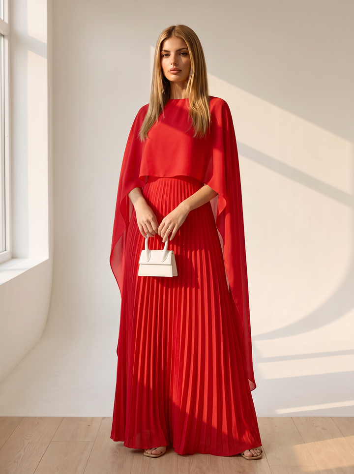 Eleanor | Pleated Cape Maxi Wedding Guest Dress