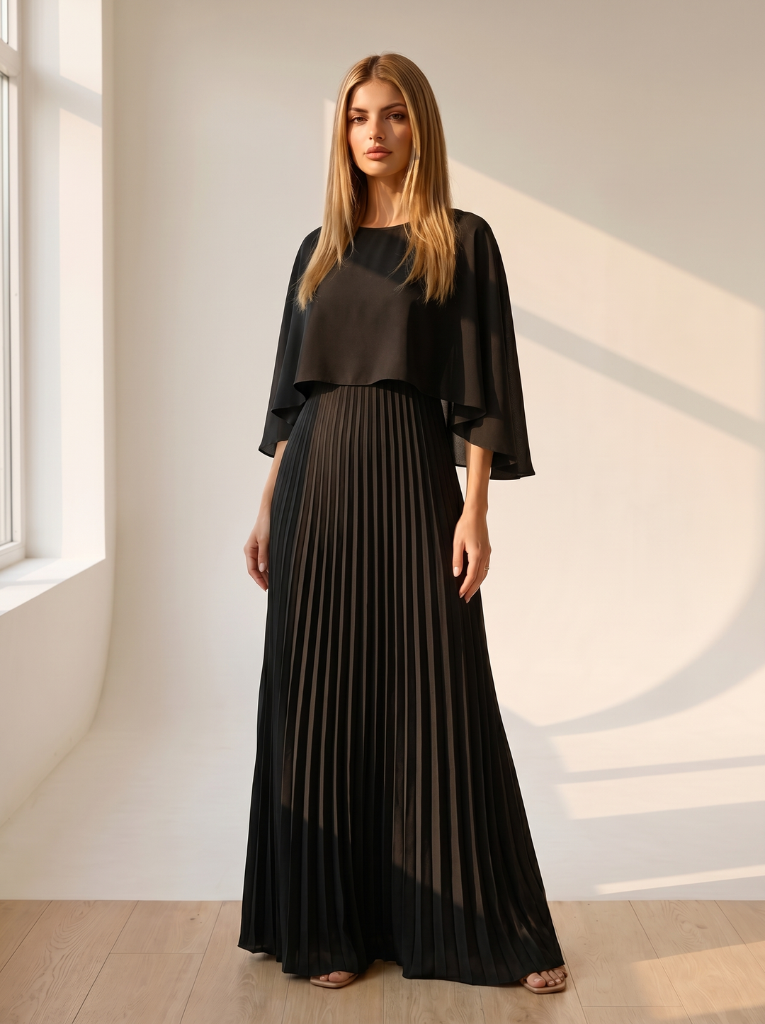 Eleanor | Pleated Cape Maxi Wedding Guest Dress