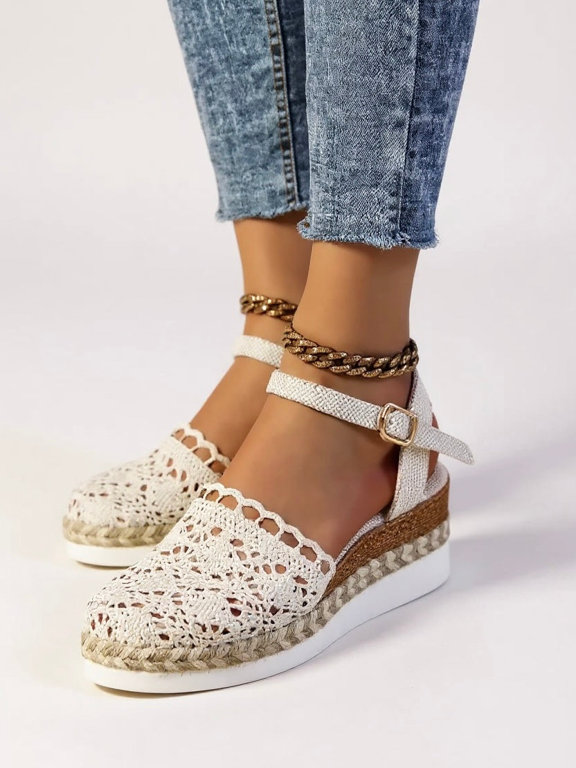 Ilsethea | Women's Comfortable Boho Wedge Espadrilles Ankle Strap Shoes Sandals — Beige