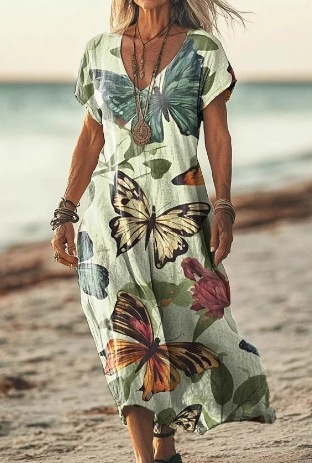 Woman wearing a butterfly-patterned dress on a beach.