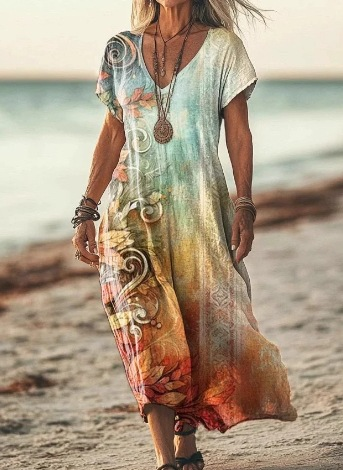 Woman wearing a colorful dress on a beach