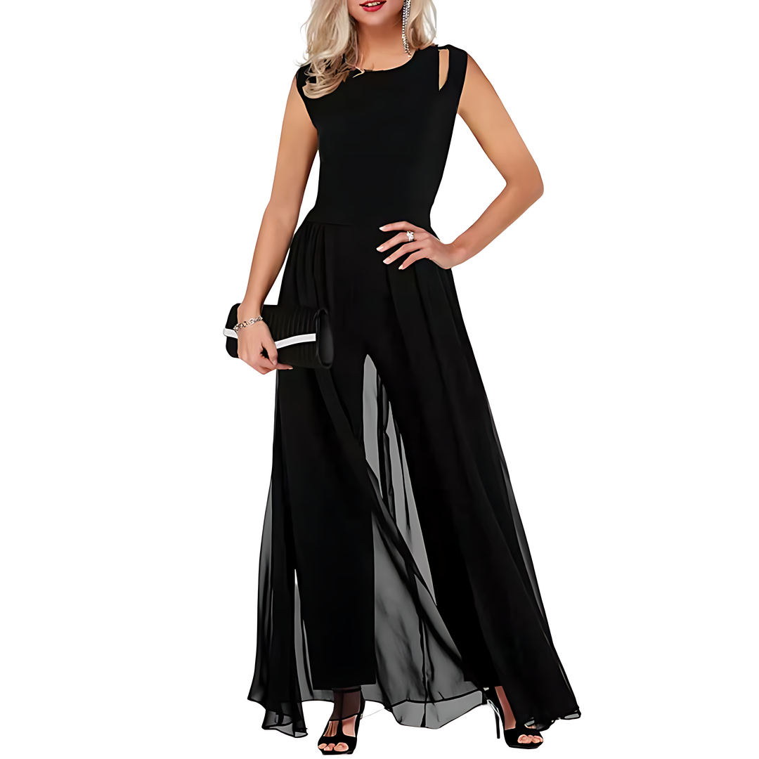 Woman wearing a black evening gown on a white background