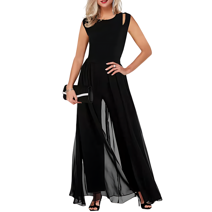 Woman wearing a black evening gown on a white background