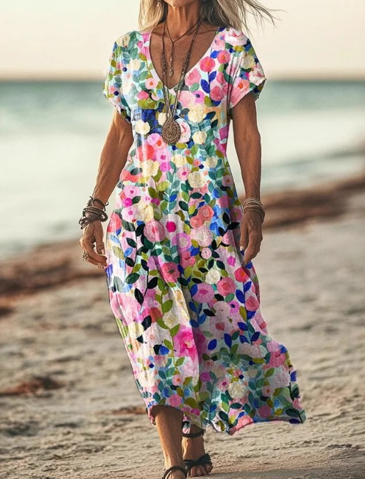 Woman wearing a colorful floral dress on a beach.