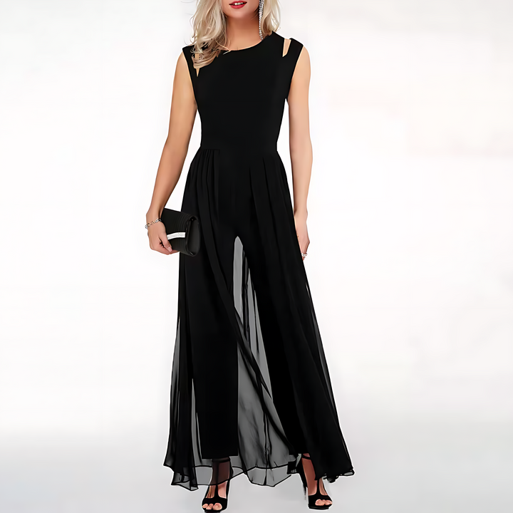 Woman wearing a black dress on a white background