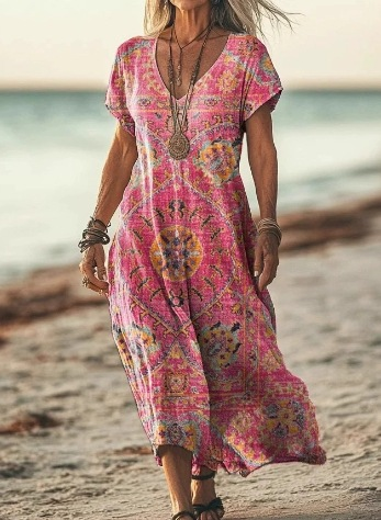 Woman wearing a pink patterned dress on a beach