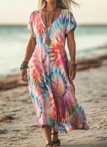 Person wearing a tie-dye dress on a beach