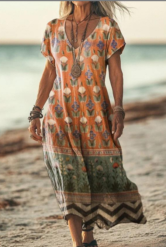Woman wearing a patterned dress on a beach