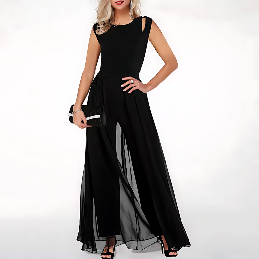 Woman wearing a black evening gown on a white background