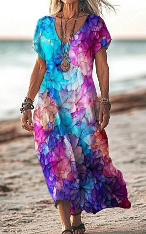 Woman wearing a colorful floral dress on a beach.