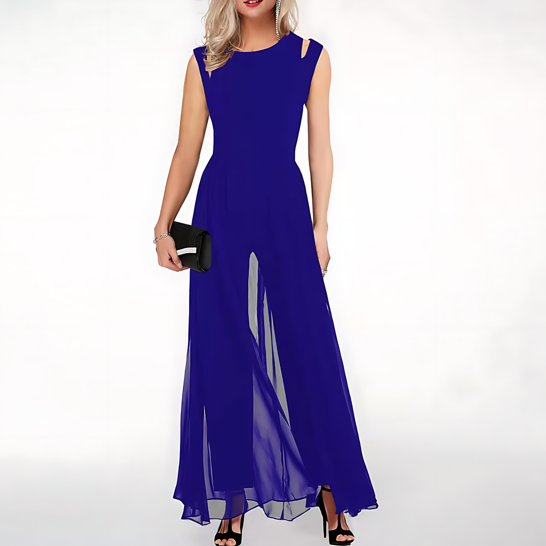 Woman wearing a blue evening gown on a white background