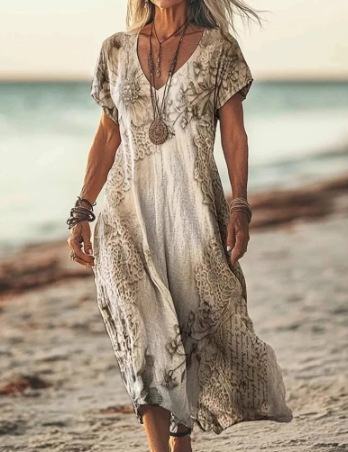 Woman in a flowing dress on a beach