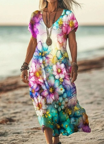 Woman wearing a colorful floral dress on a beach