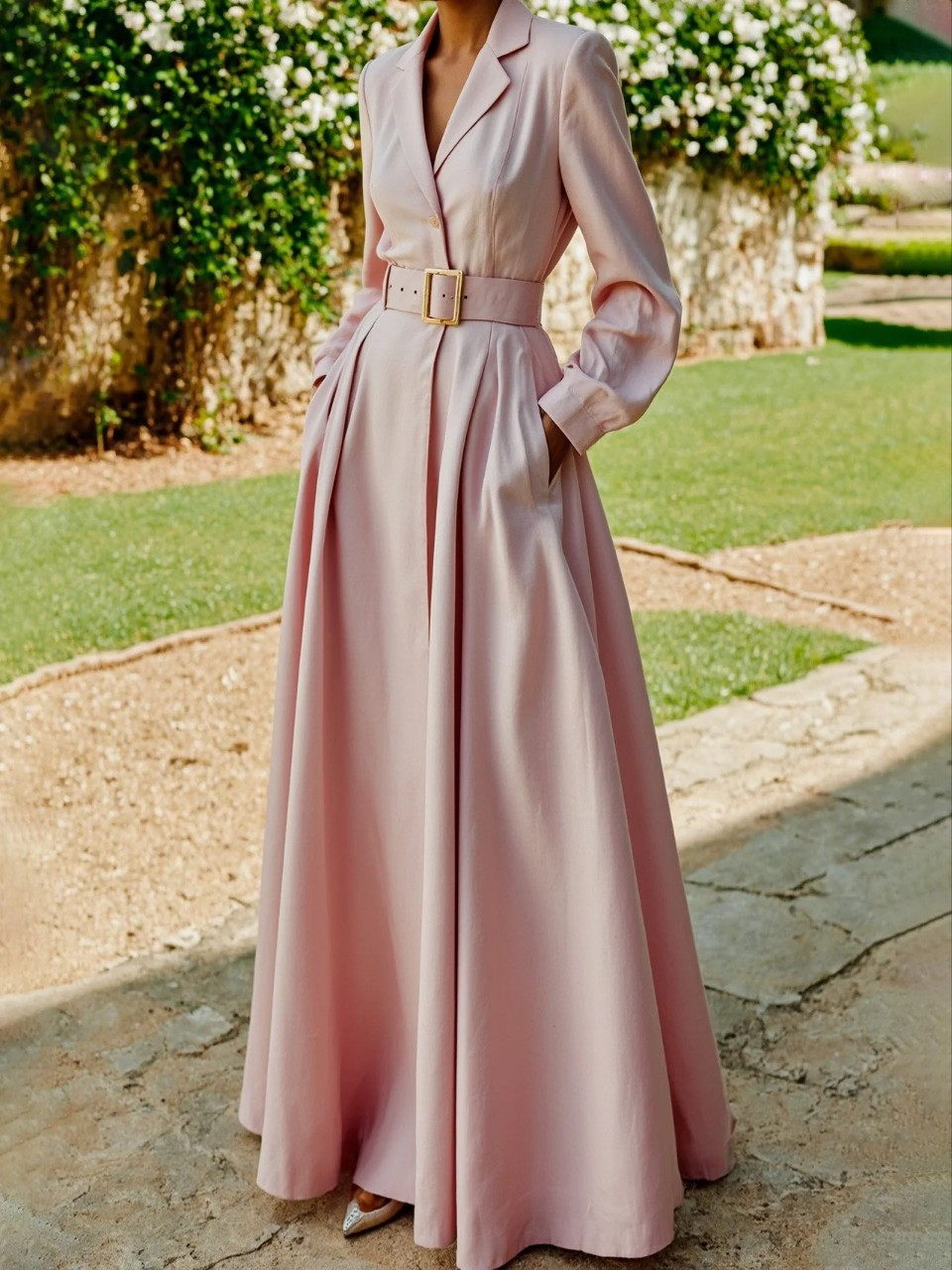 Person wearing a long pink dress with a belt in an outdoor setting