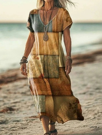 Woman wearing a long, patterned dress on a beach.