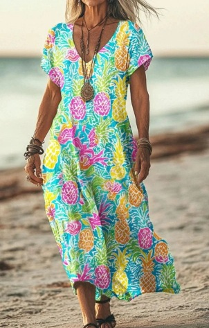 Woman wearing a colorful pineapple dress on a beach.