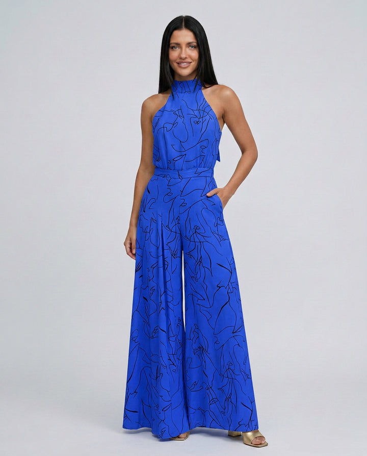 Imogen | Women's Elegant Printed Wide-Leg Jumpsuit with Halter Neck — Blue